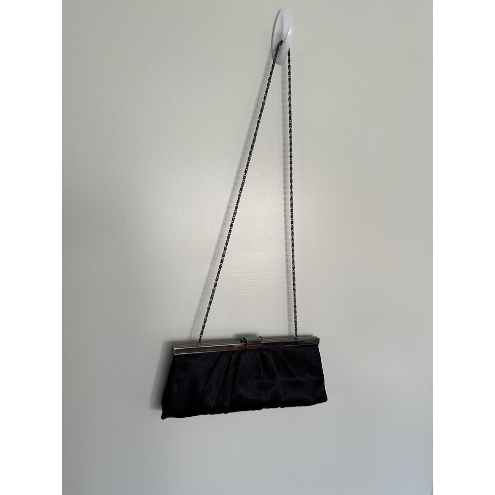 Jessica McClintock Black Satin Evening Clutch Purse • Pleated Frame Bag w/ Chain